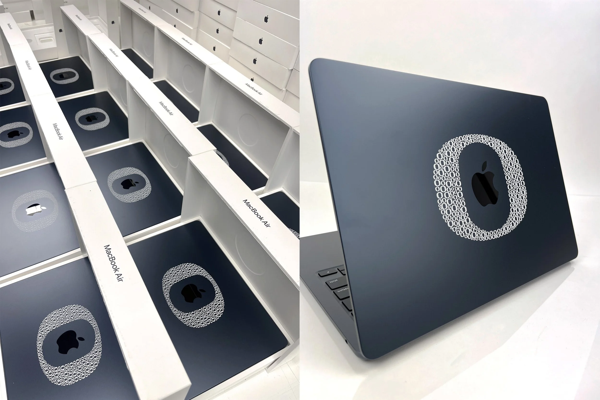 Laser engraved MacBook Air laptop lids with custom University of Oregon Ducks logo decal, custom laser engraving by MC Laser Labs.