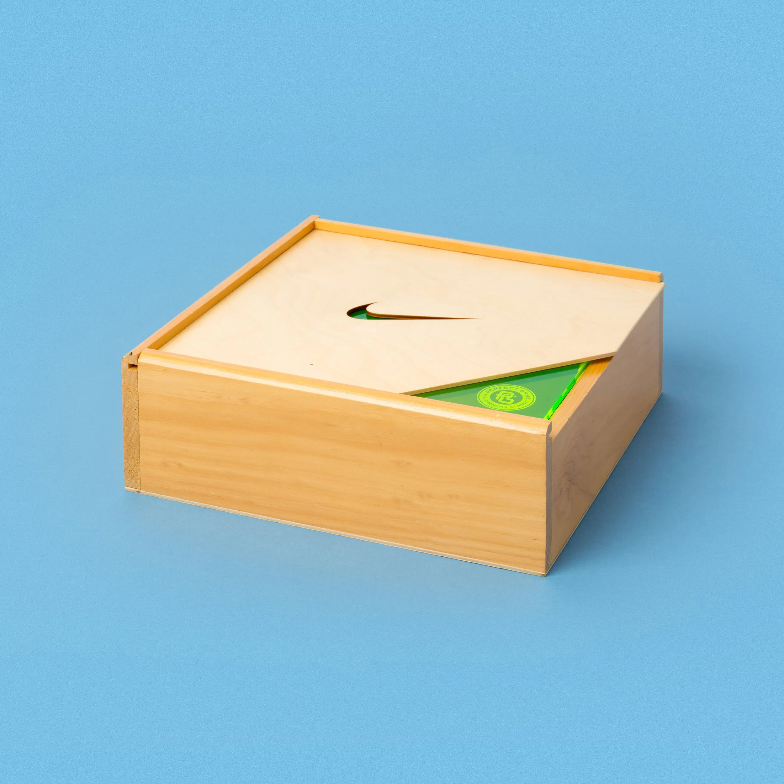 Wood slide-top seeding kit box for Nike Baseball, custom fabrication by MC Laser Labs.