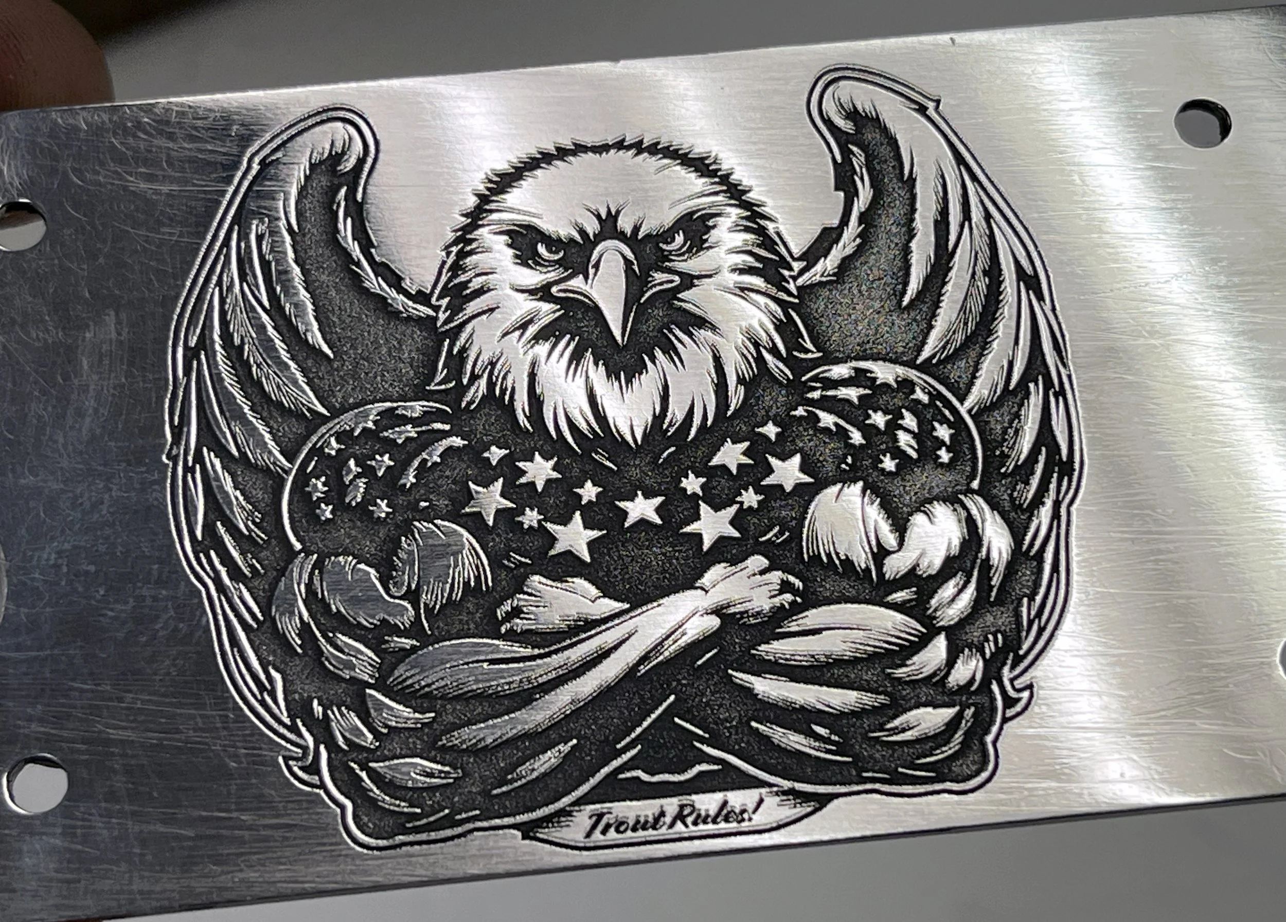 Fiber laser engraved stainless steel piece featuring a detailed eagle with wings spread, talons clutching stars, and the text 'Truth Ruler', custom metal engraving by MC Laser Labs.