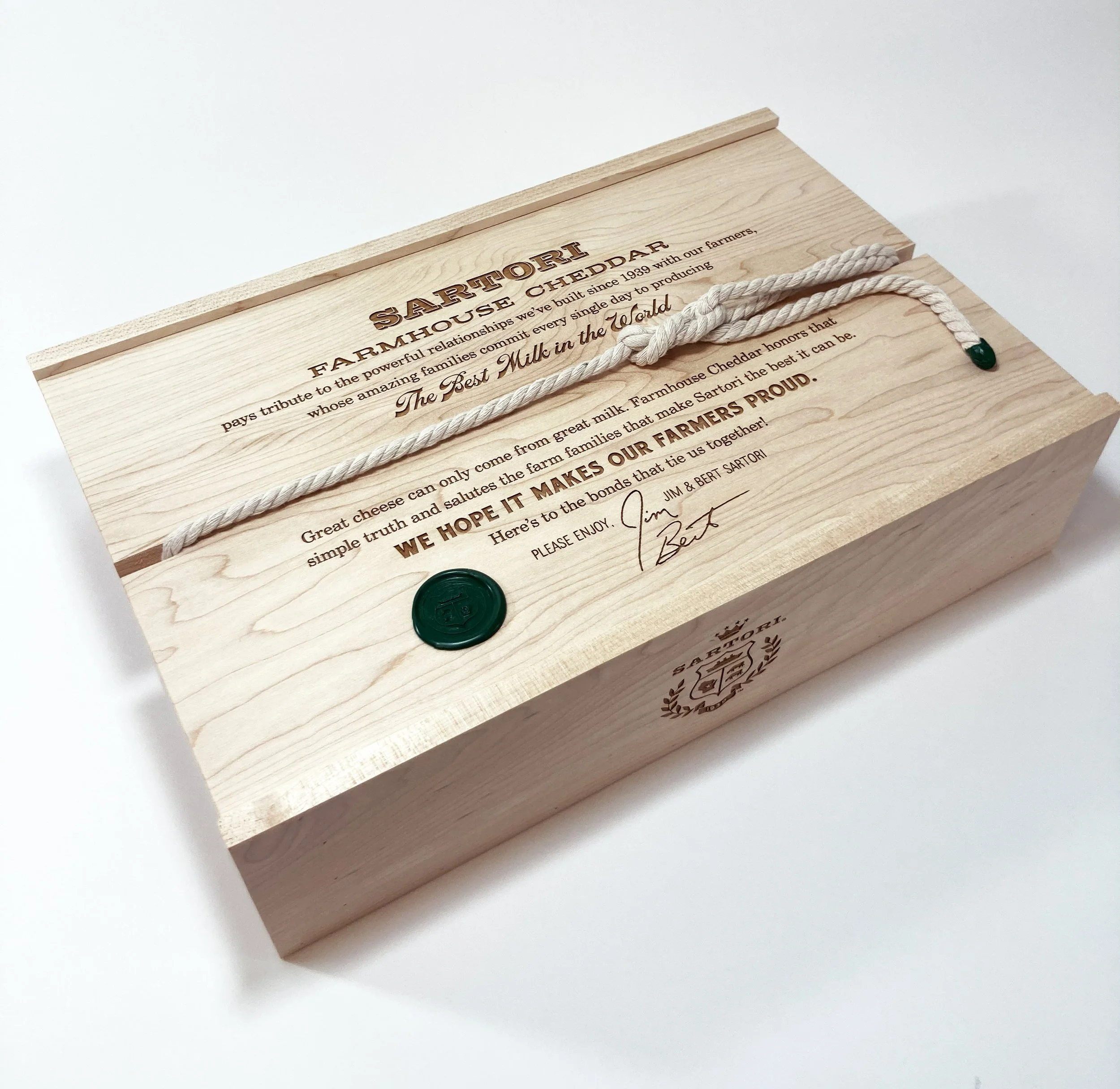 Sartori Cheese wooden seeding kit box with engraved text and wax seal, custom fabrication by MC Laser Labs.
