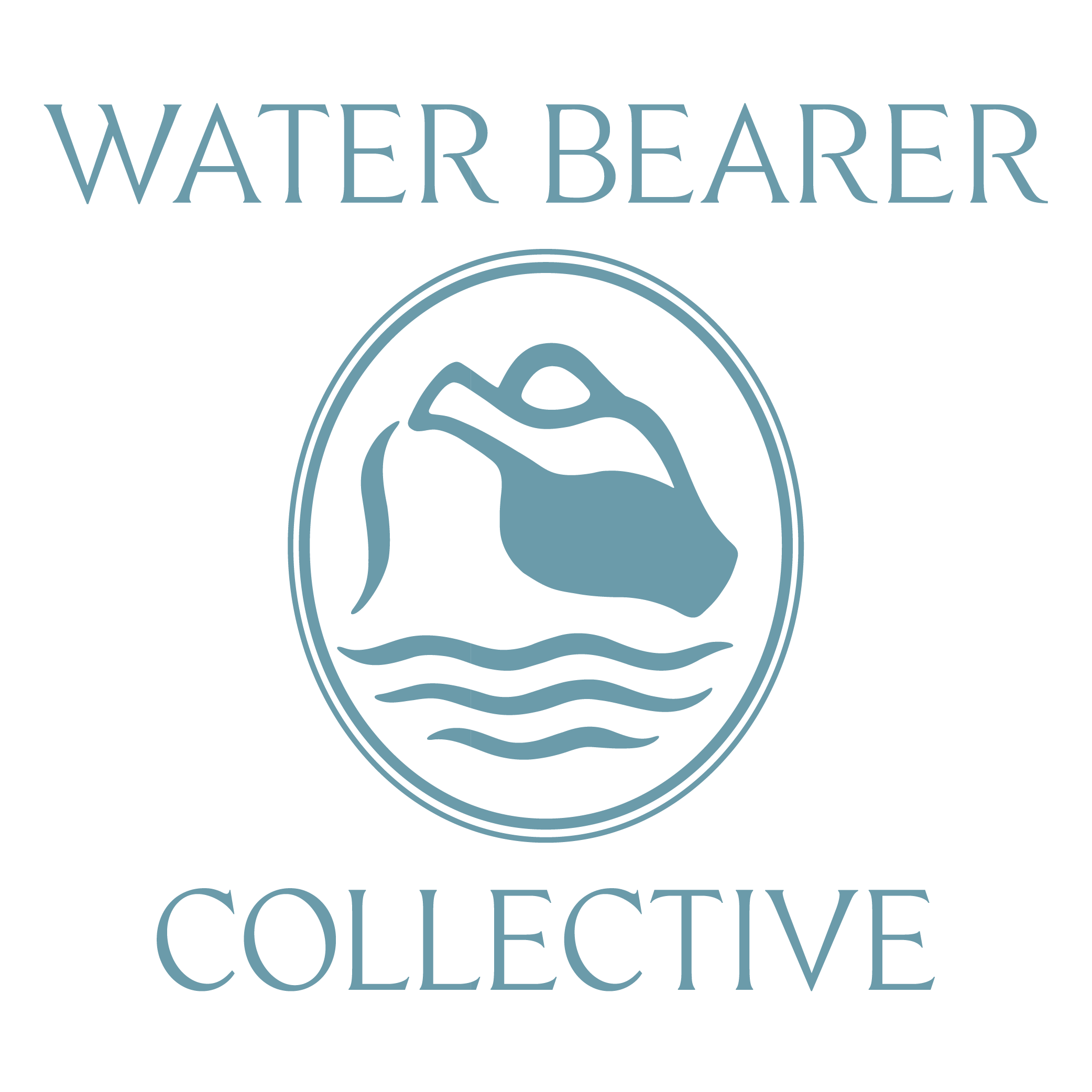 The logo for Water Bearer Collective with stylized text and a bear's head within a circle