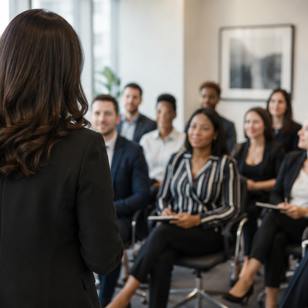 A woman gives a presentation to a diverse group of seated professionals in a conference room.