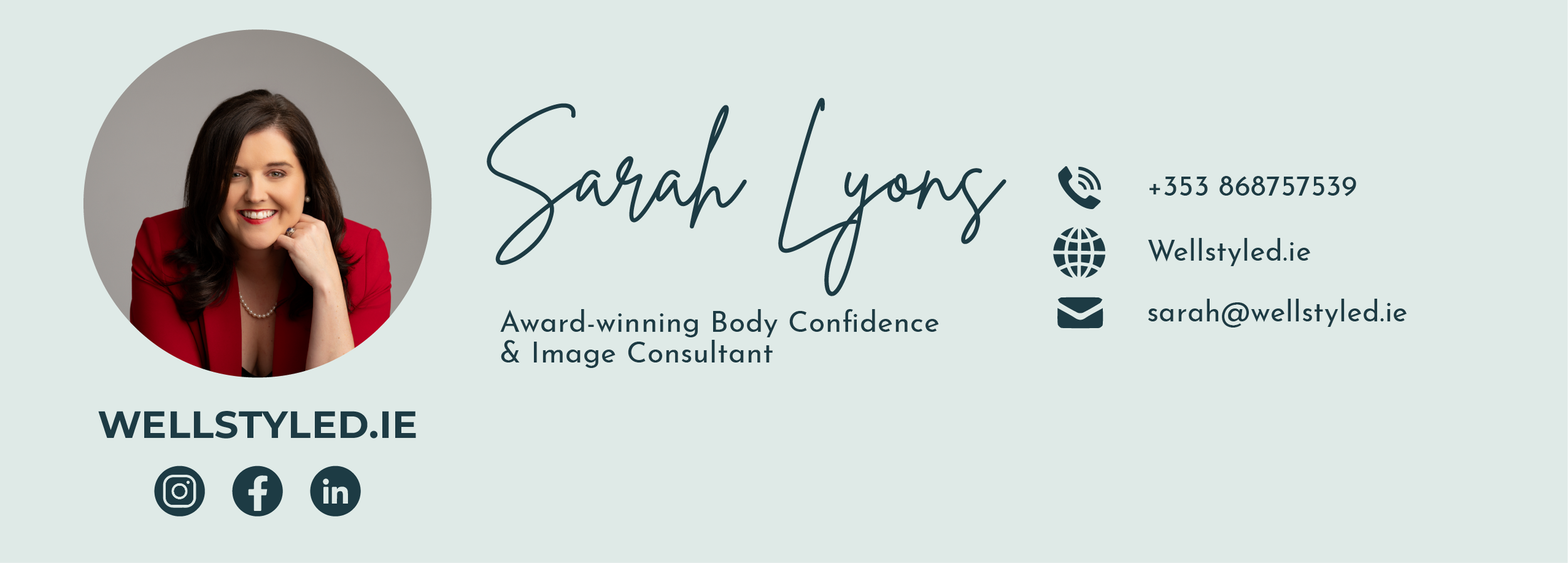 Business card for Sarah Lyons featuring a portrait, contact information, and social media icons on a light blue background.
