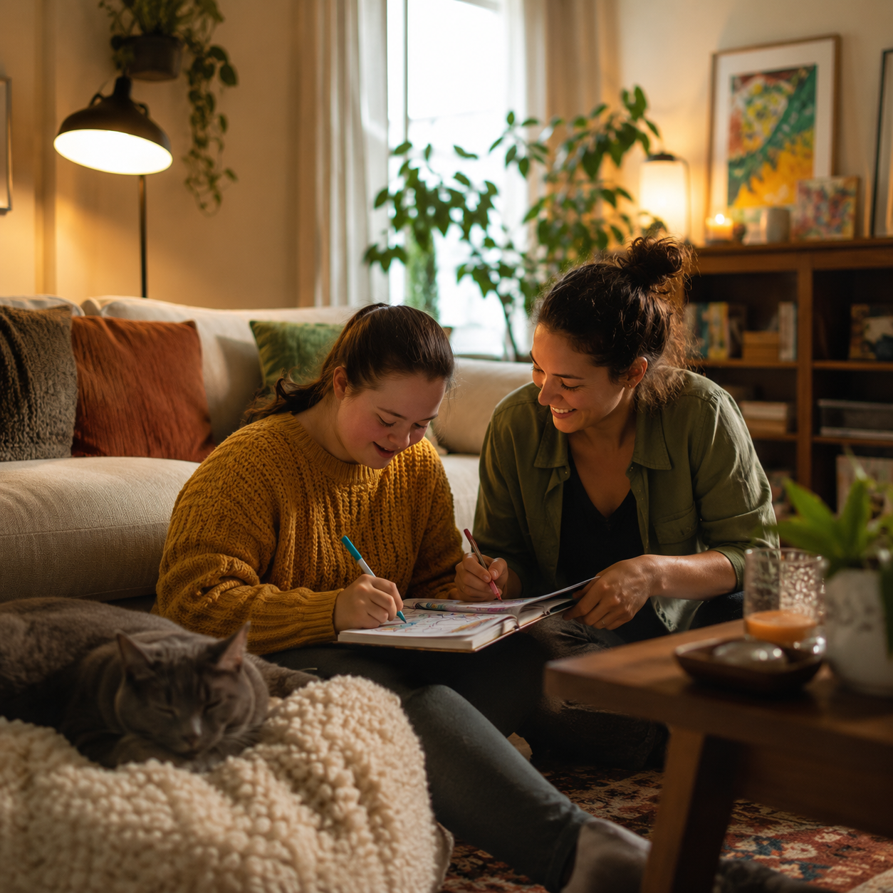 A woman and a girl sitting on the floor in a cozy living room, looking at a notebook and writing. A cat is sleeping on a blanket nearby, and the room is decorated with plants, framed art, and warm lighting.