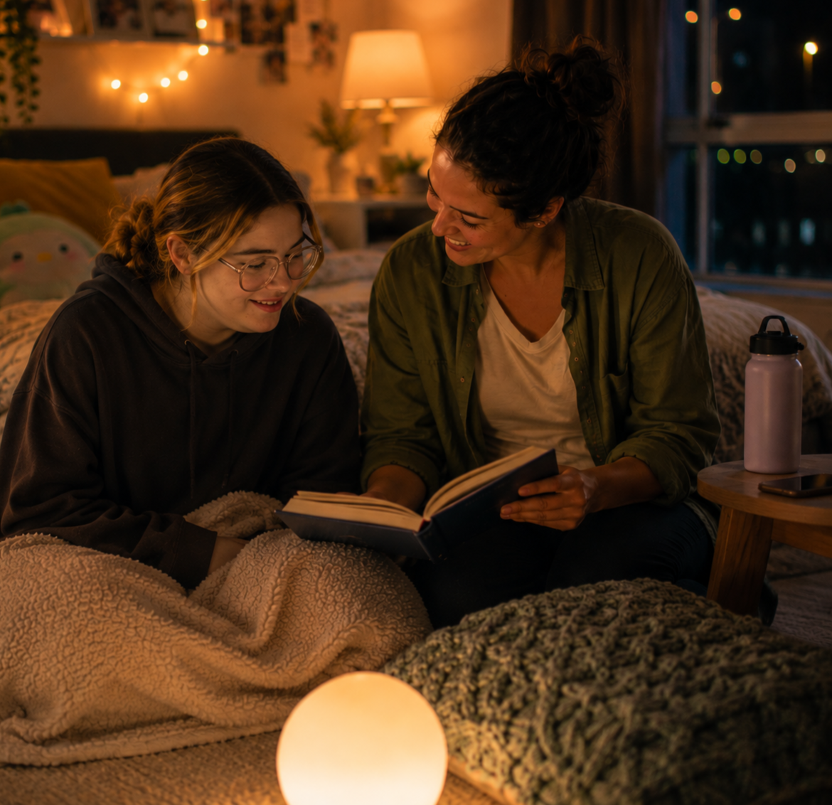 Two women sitting on a bed in a cozy bedroom, sharing a book and smiling at each other, illuminated by warm lamps and fairy lights outside the window.
