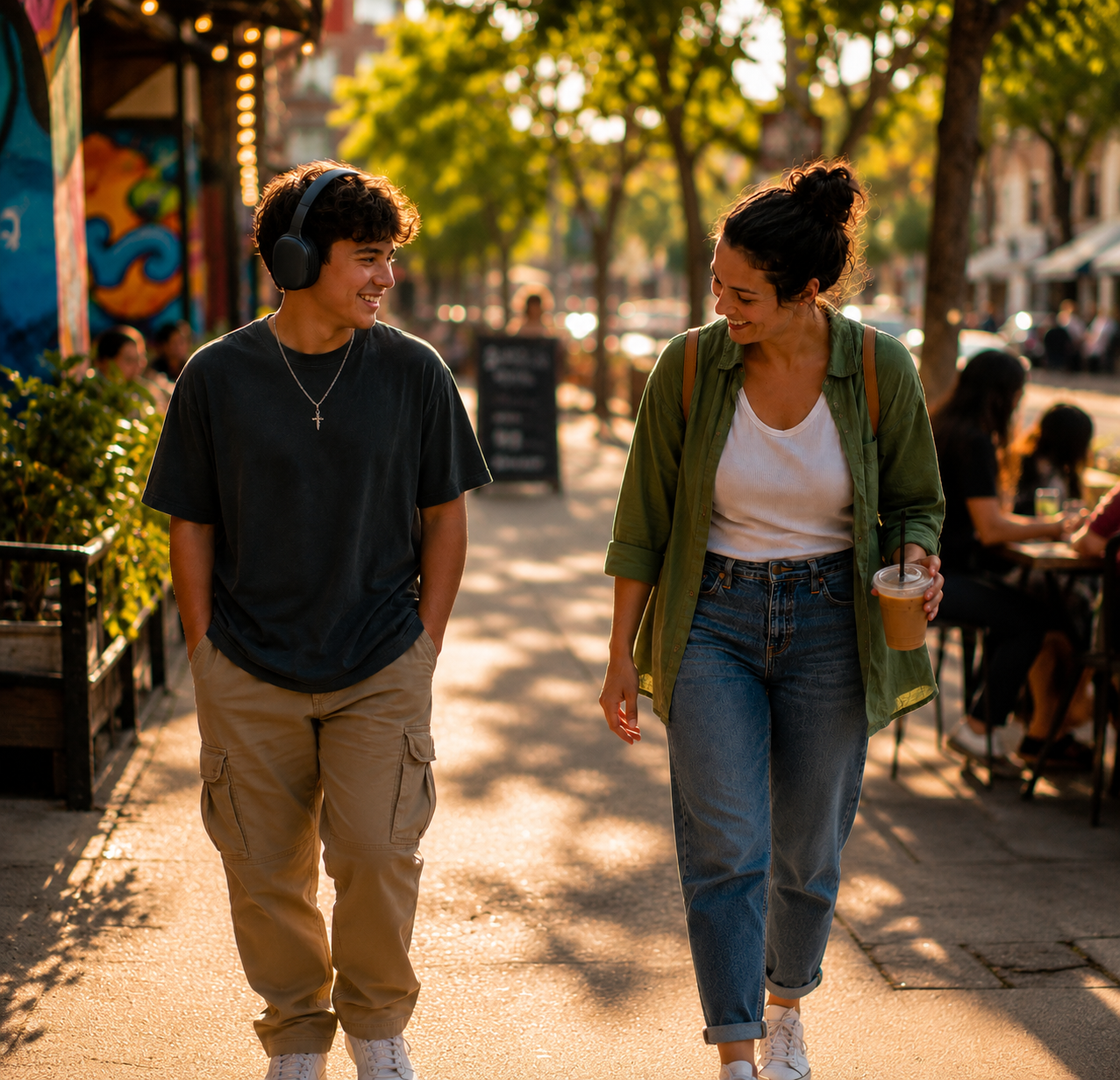 Two young women walking and talking on a sunny sidewalk cafe scene, one with headphones and a cross necklace, the other with a drink and green jacket, smiling together.