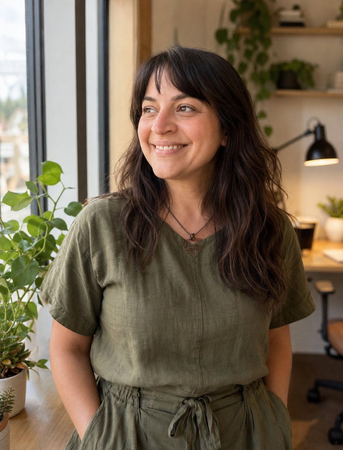 A woman with dark brown, curly hair in a green outfit standing near a large window with plants and indoor decor in the background.