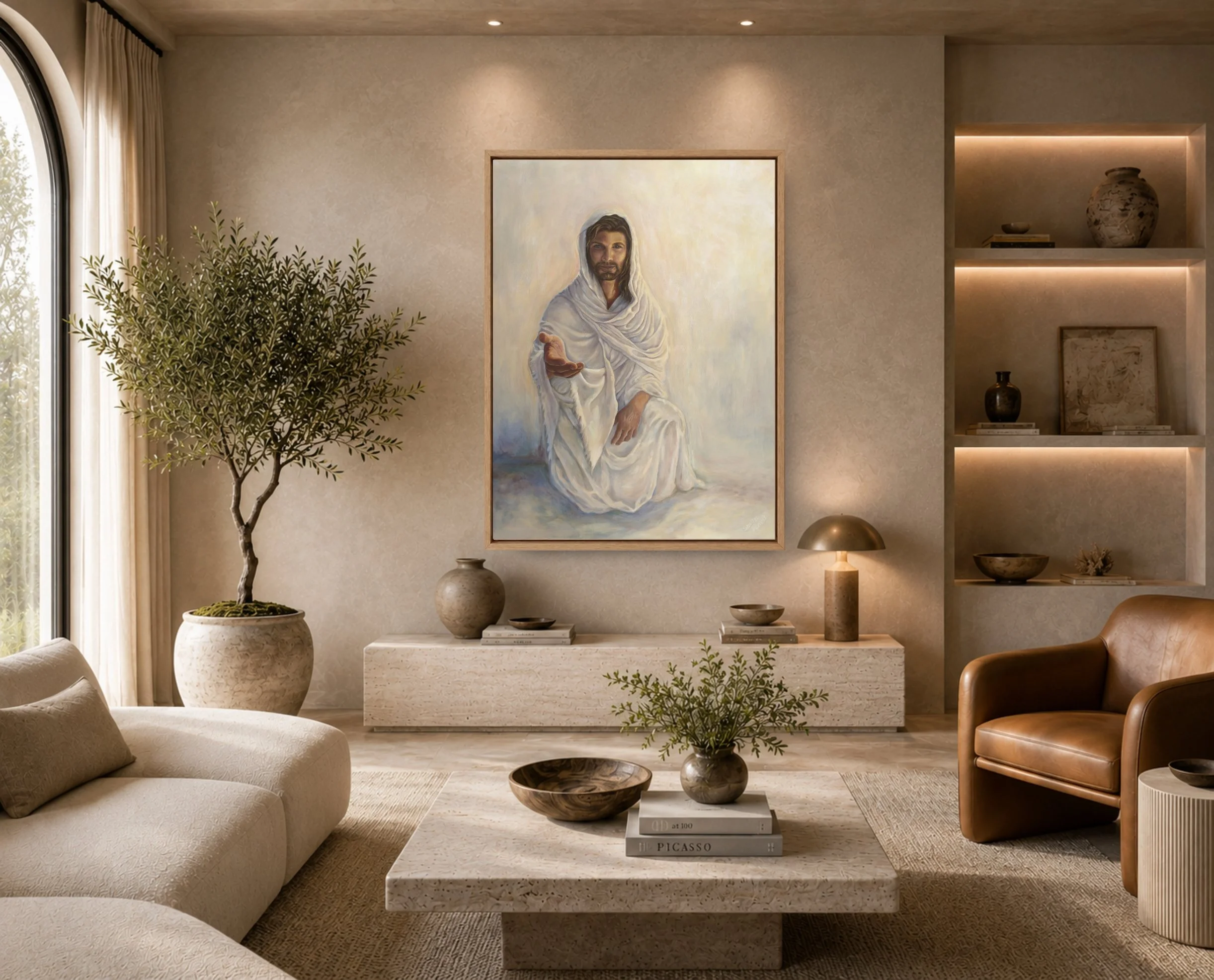 Framed painting of Jesus Christ extending His hand, displayed in a warm neutral living room.