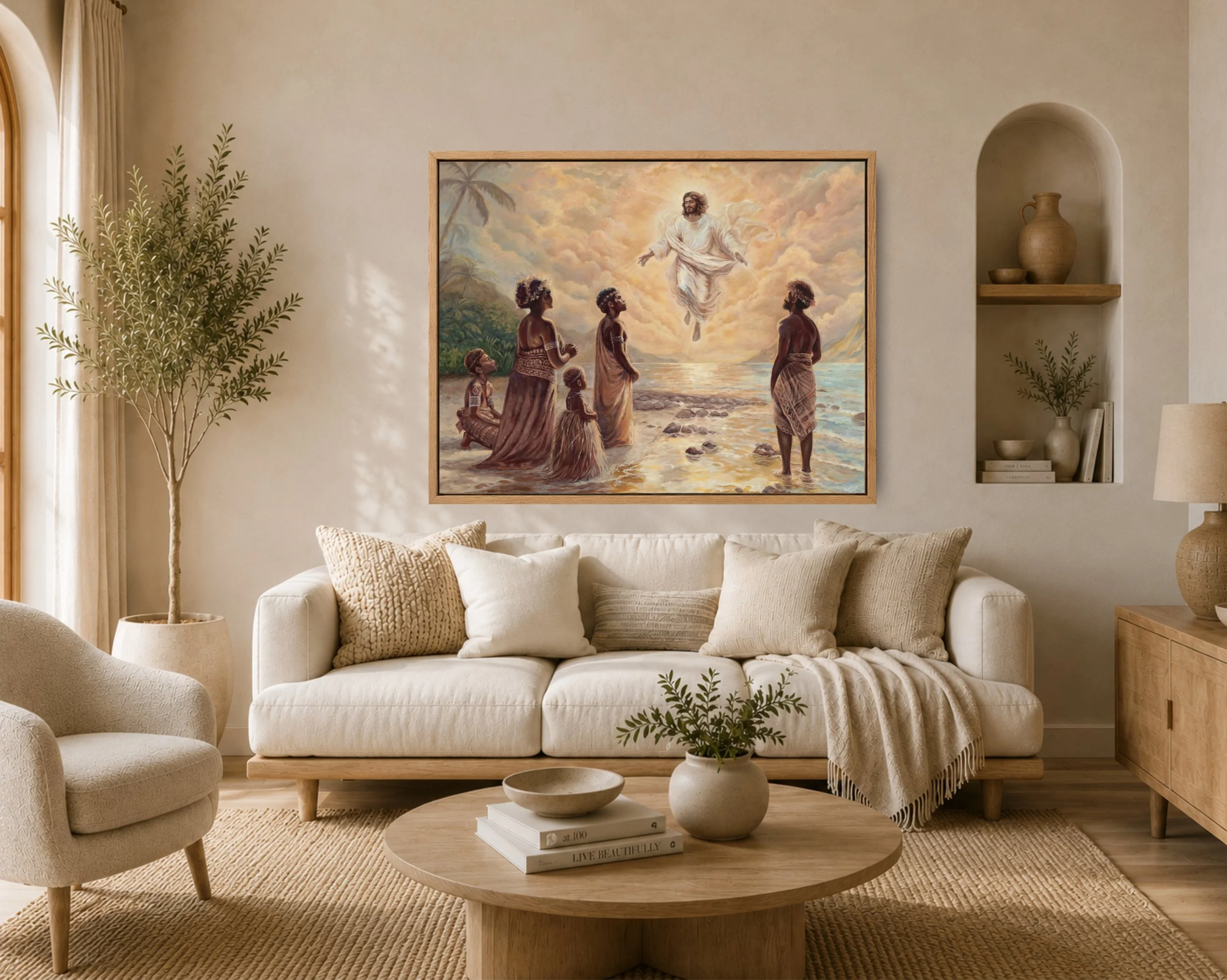 Living room with beige sofa, round wooden coffee table, painting of Jesus Christ with children by the beach, potted plant, and decorative vases.
