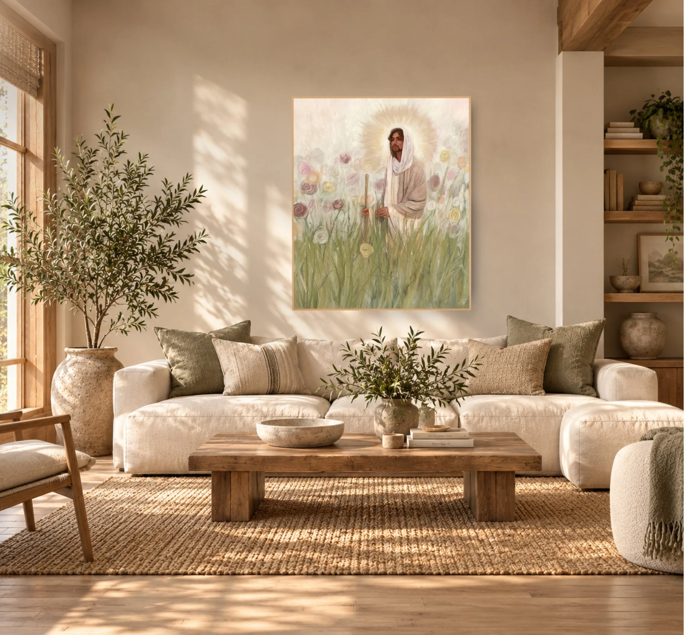 Framed Christian artwork displayed above a neutral sofa in a warm, light-filled living room.