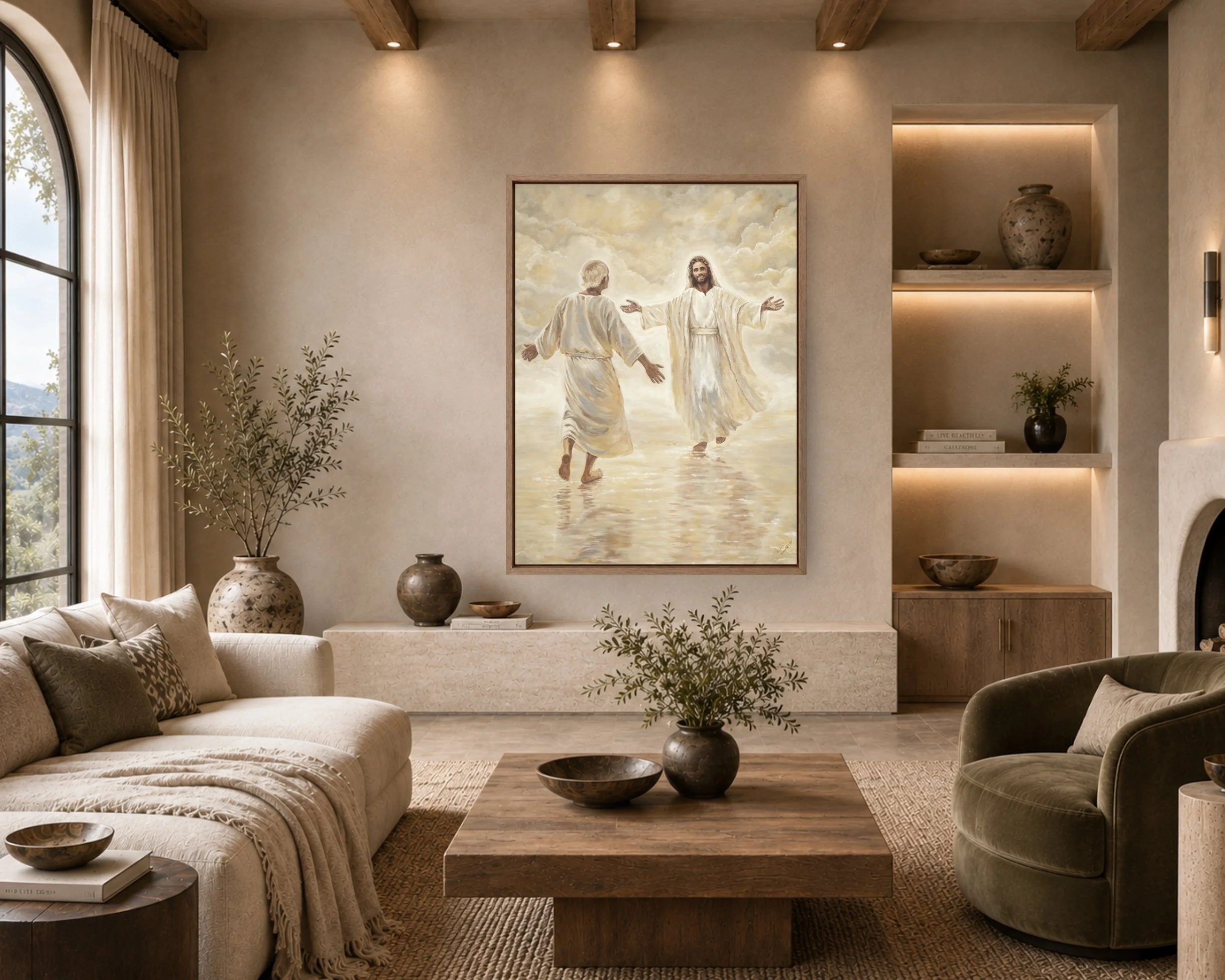 Framed Christian artwork displayed in a warm neutral living room with natural light and layered decor.