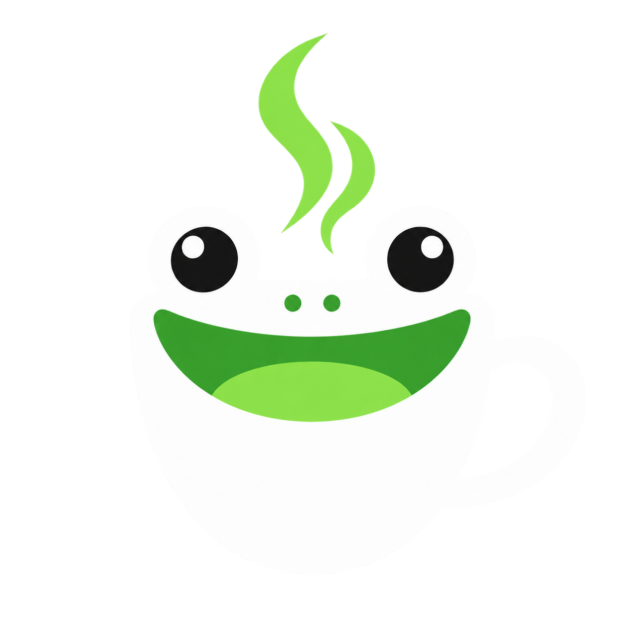 Dibujo de una taza blanca con la cara de una rana sonriente y vapor verde saliendo del asa.