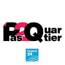 Logo de France 24 avec le texte 'Qasar' en grande taille, utilisant des couleurs noir, rose, et blanc.