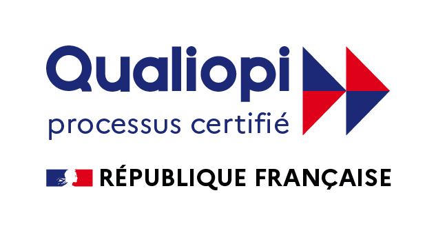 Logo de Qualiopi avec la mention "processus certifié" et le drapeau de la République française.