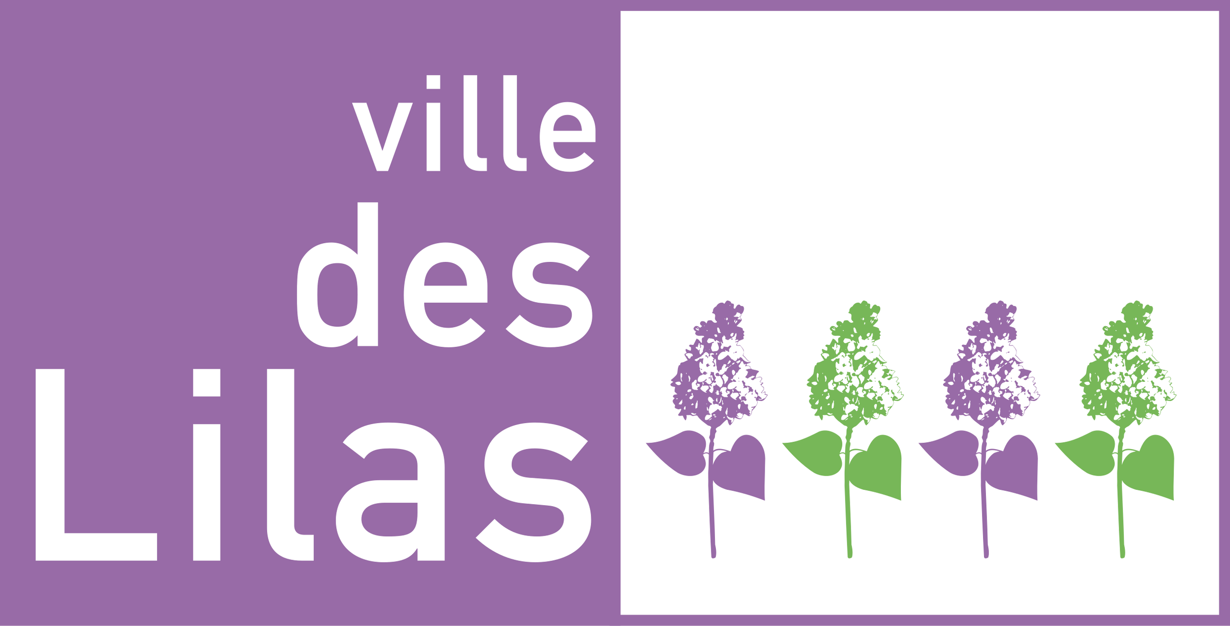 Un design carré violet avec le texte en blanc 'ville des lilas' à gauche. À droite, une rangée de lilas stylisés en violet et vert.