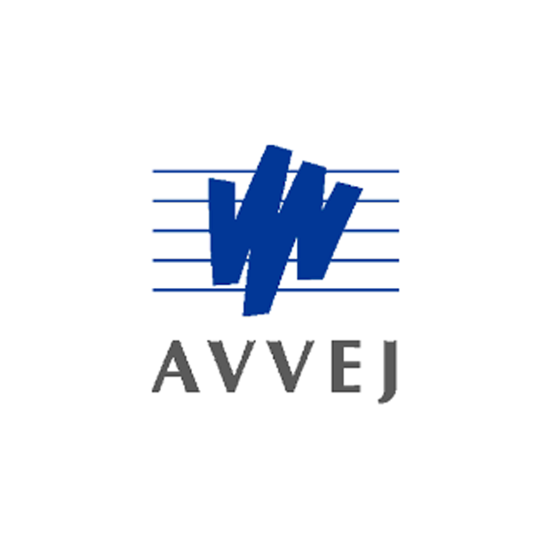 Logo de l'AVVEJ avec un symbole graphique en bleu et lignes horizontales, le nom 'AVVEJ' en dessous.