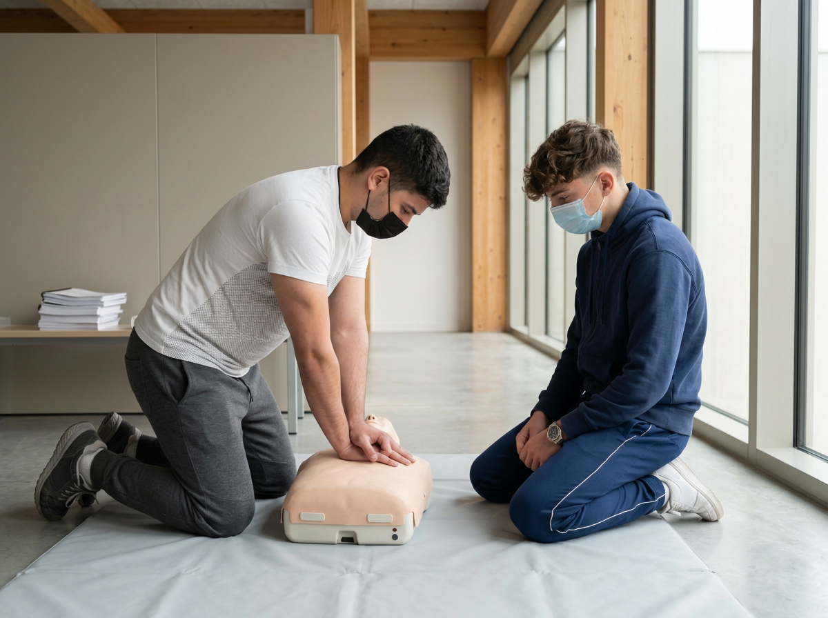 Deux jeunes hommes portant des masques pelviens lors d'une formation de premiers secours, l'un pratique la réanimation sur un mannequin, l'autre observe, dans une pièce lumineuse avec de grandes fenêtres.
