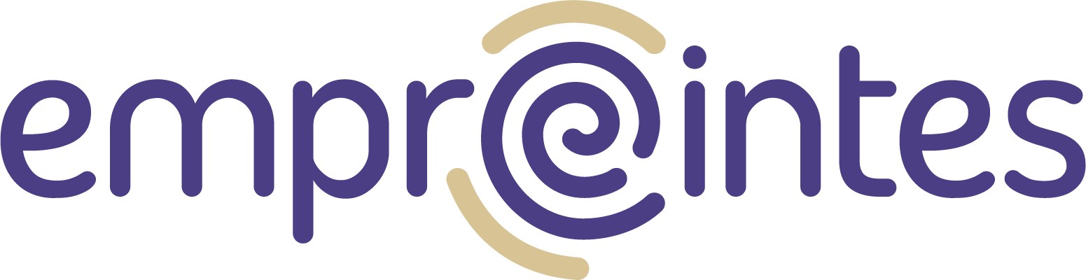 Logo avec le mot 'emproints' en violet avec un symbole circulaire beige intégré dans la lettre 'o'.