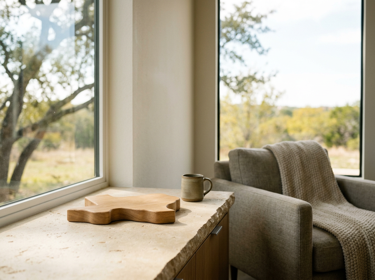 Living room corner with large windows revealing a landscape of trees and open sky, beige sofa with a textured blanket, a wooden tray, and a ceramic mug on the windowsill.