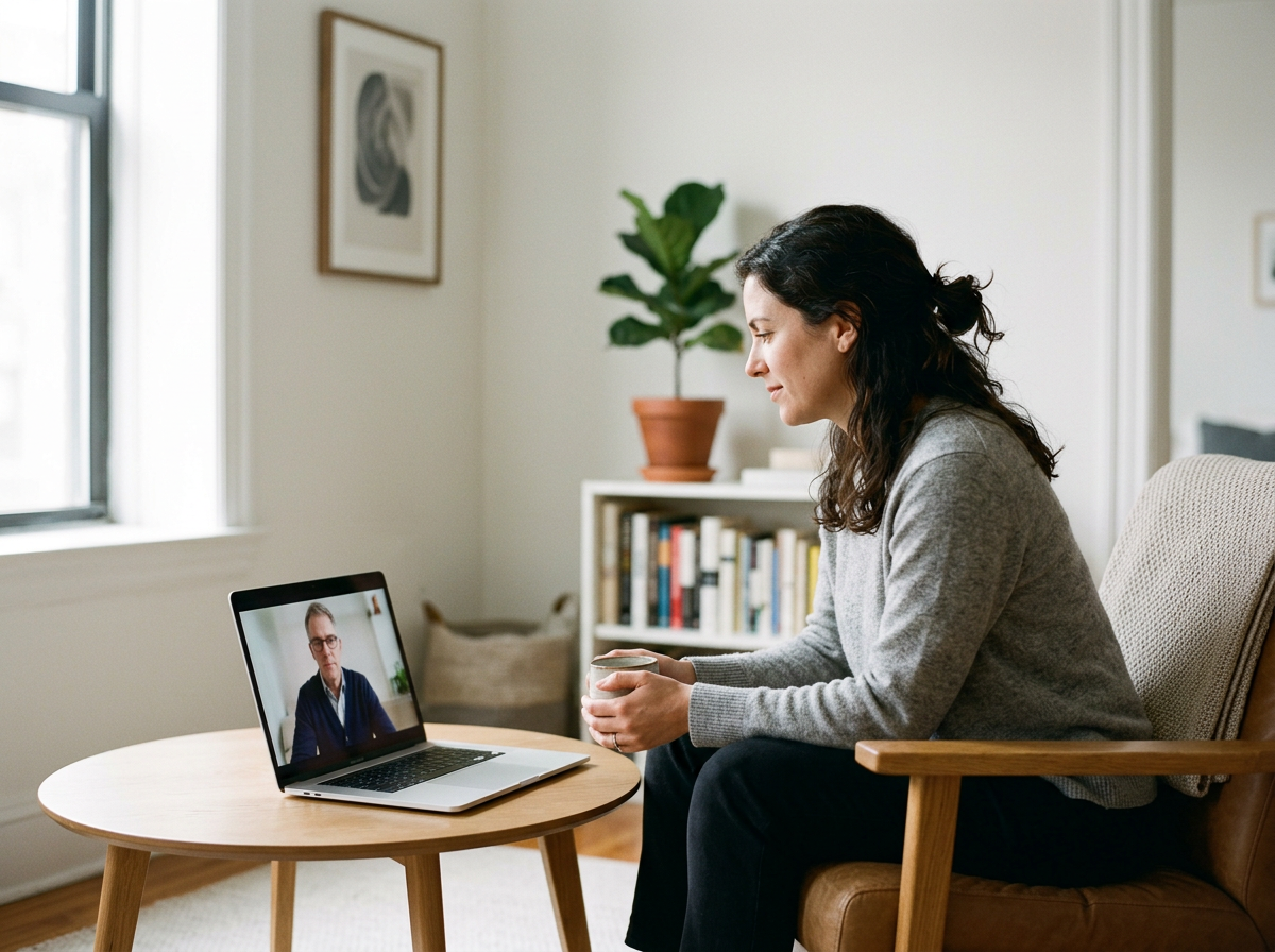 Woman sitting in a chair, on a video call on her laptop, in a cozy home with a bookshelf, large plant, and framed artwork behind her.