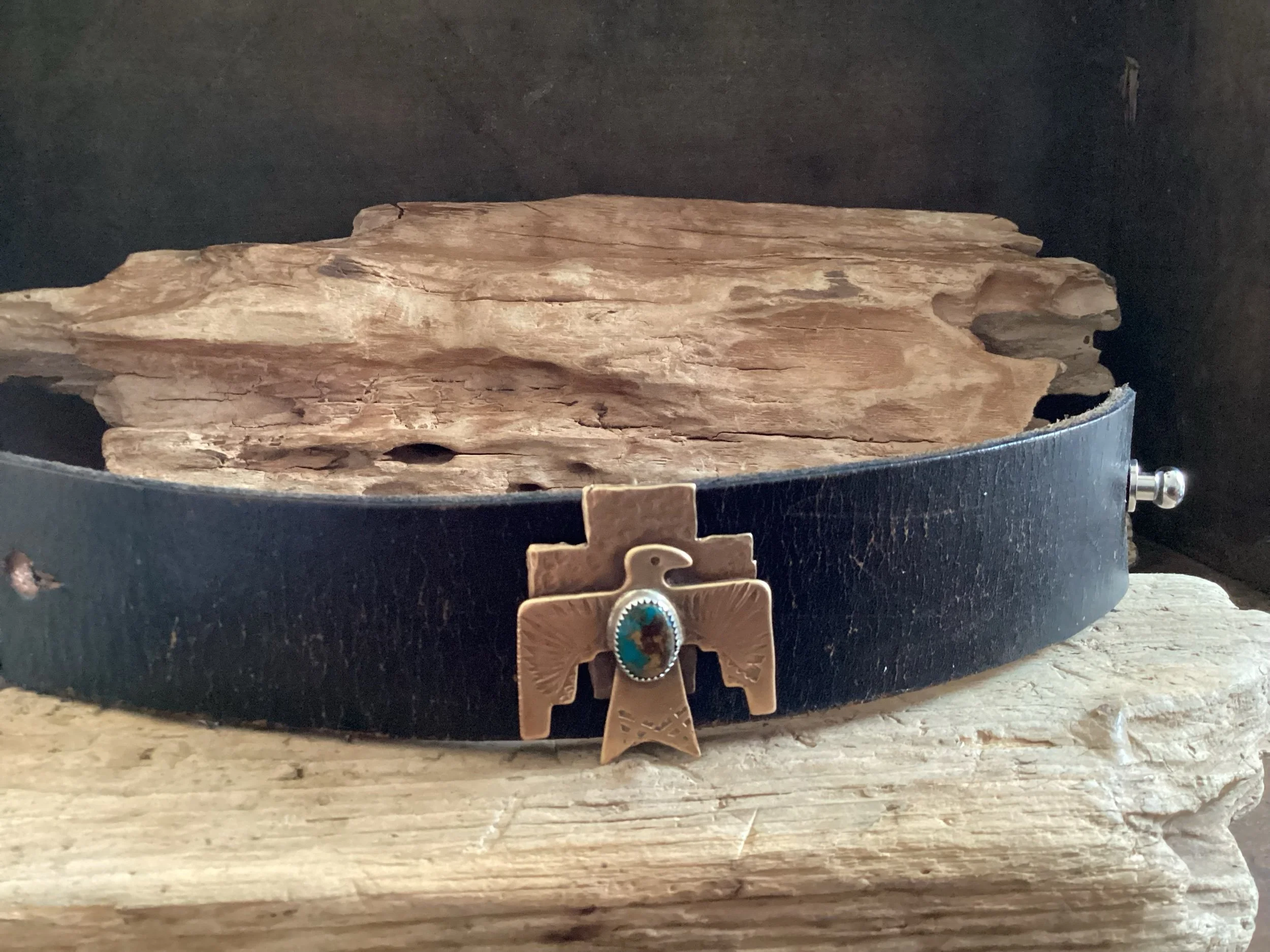 Brass and Sterling Silver and Turquoise, Leather Cuff Bracelet