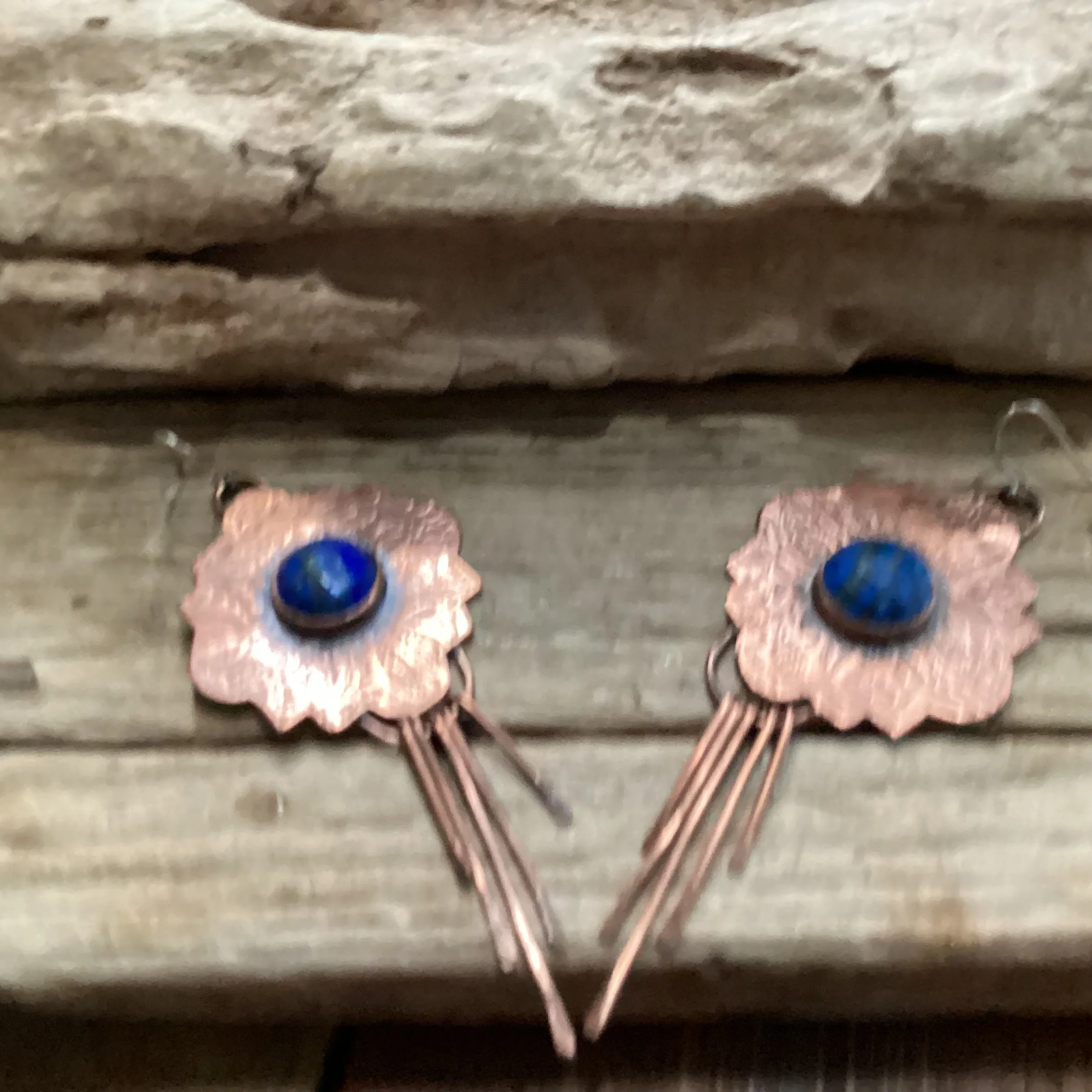 Sterling Silver, Copper and Lapis Statement Earrings