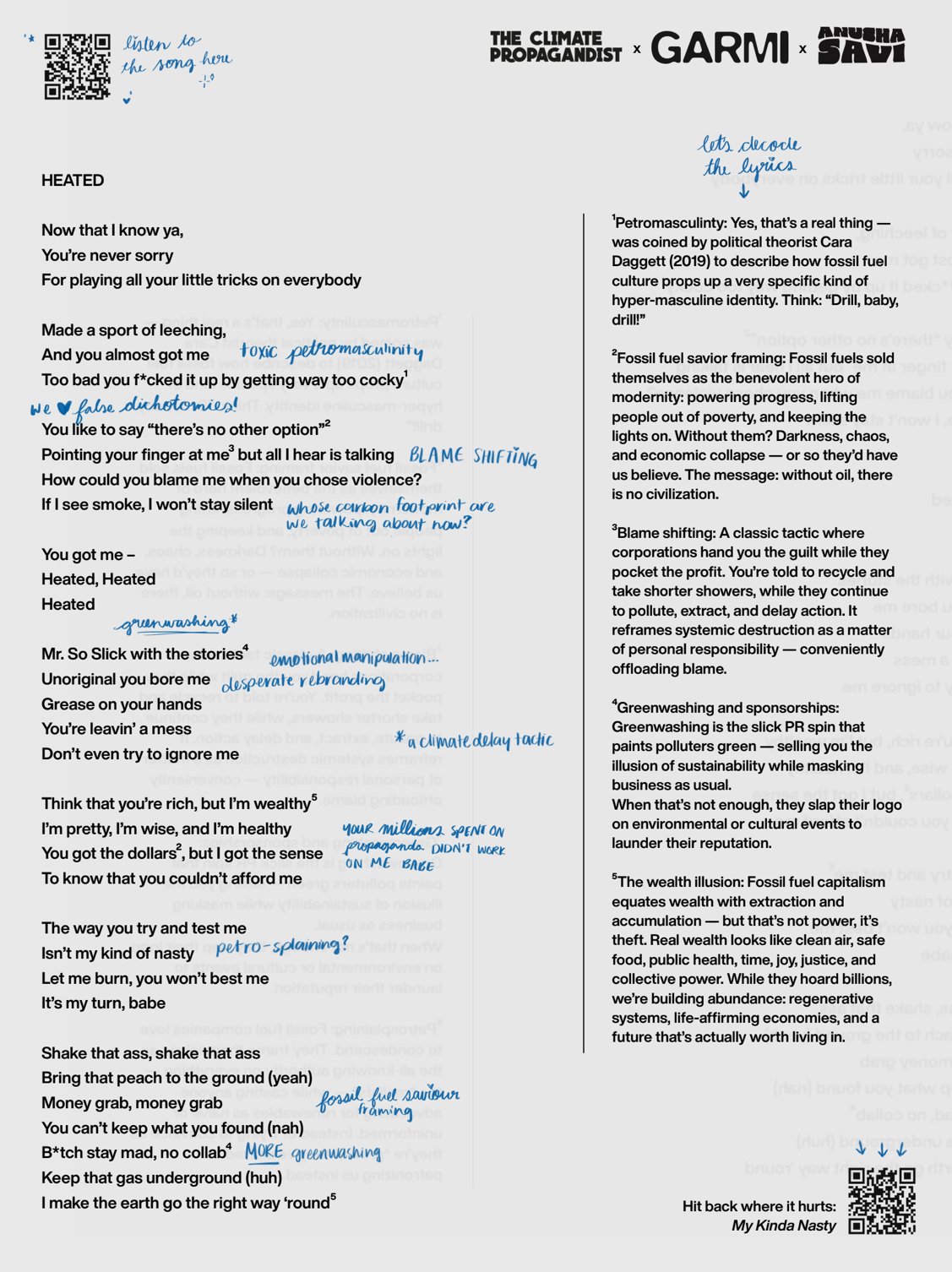Lyrics of a song titled 'HEATED' with handwritten notes and comments, arranged in a column on the left side, and explanatory text about climate and fossil fuel topics on the right side, along with a QR code at the top and bottom.