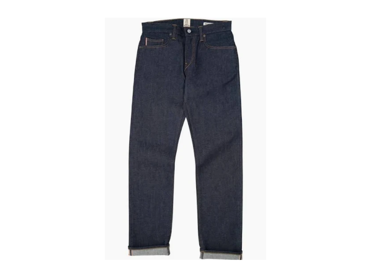 A pair of men's dark blue denim jeans, isolated on a white background.