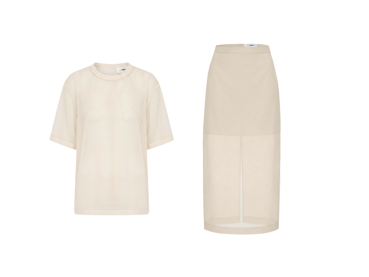 Cream-colored half sheer t-shirt and half sheer midi skirt outfit, isolated on a white background.