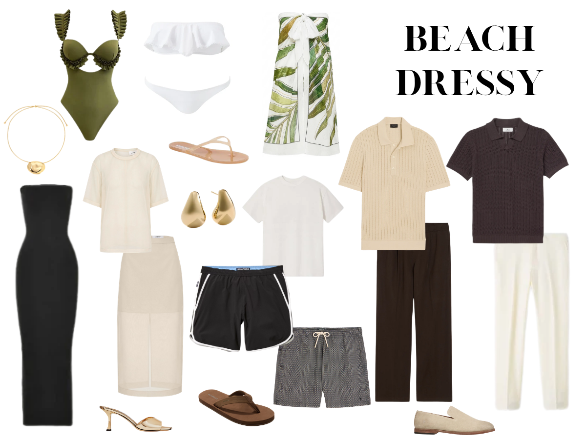 SWIMSUITS, PAREO, STRAPLESS BLACK DRESS, SHEER TOP & SKIRT SET,  SWIM TRUNKS, T-SHIRT, IVORY & OLIVE SUMMER PANTS, CROCHETED POLO, STATEMENT JEWELRY, FLIP FLOPS, SUEDE LOAFER, GOLD HEEL 