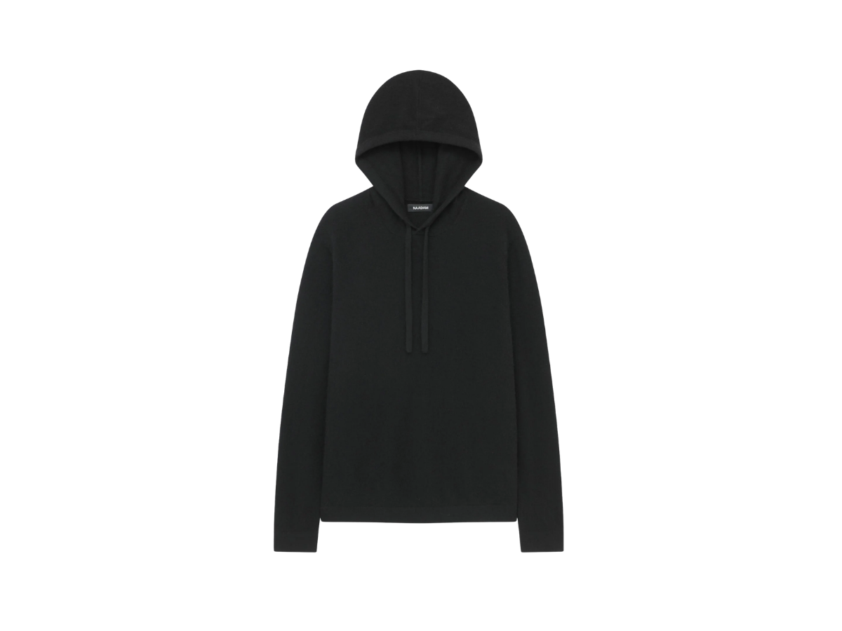 Men's black cashmere hooded sweatshirt with a front pocket and drawstrings, isolated on a white background.