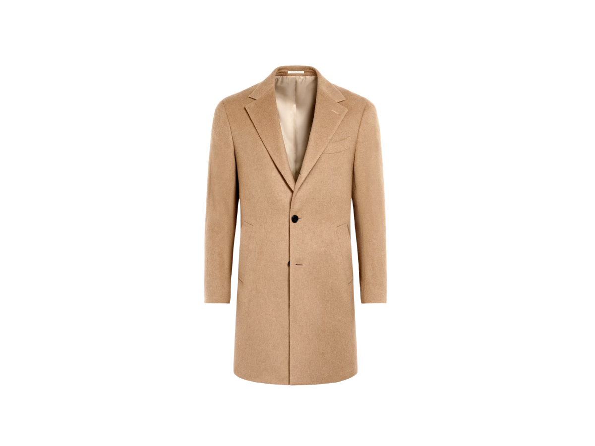 Beige overcoat with lapels and a single button closure, isolated on a white background.