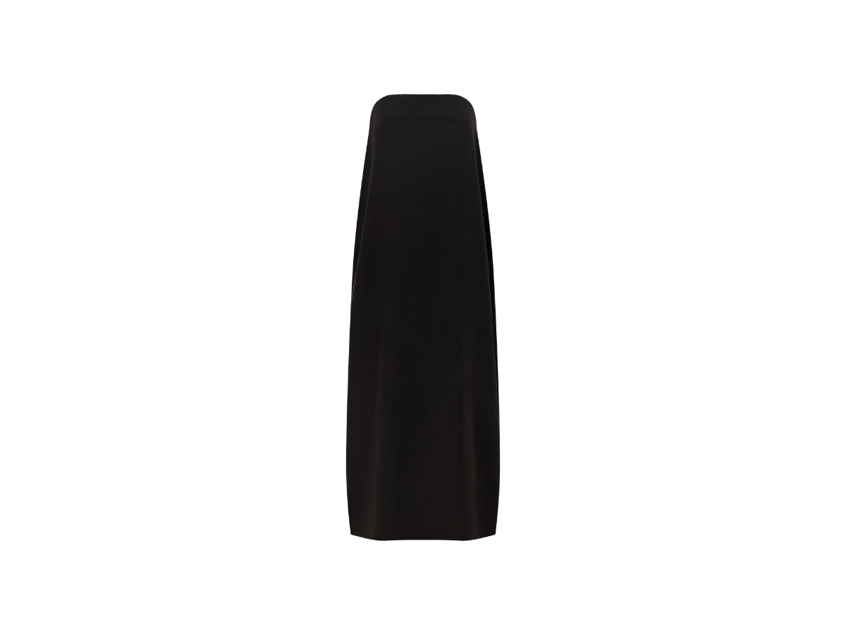 Black midi/maxi black strapless dress, isolated on a white background.