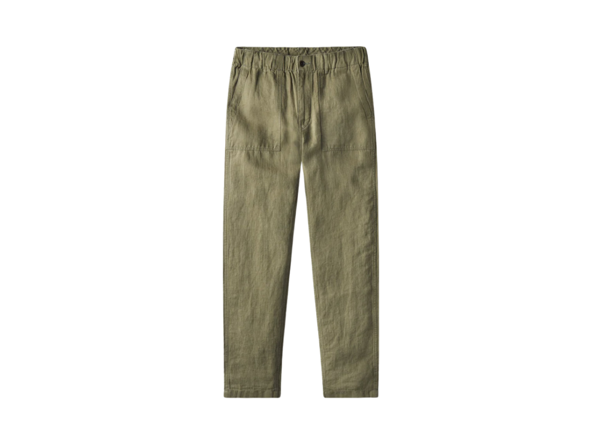 Men's olive green linen pants with elastic waistband and front pockets, isolated on a white background.