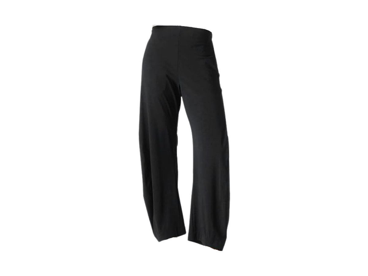 Black slight barrel nylon/spandex blend travel pants, isolated on a white background.