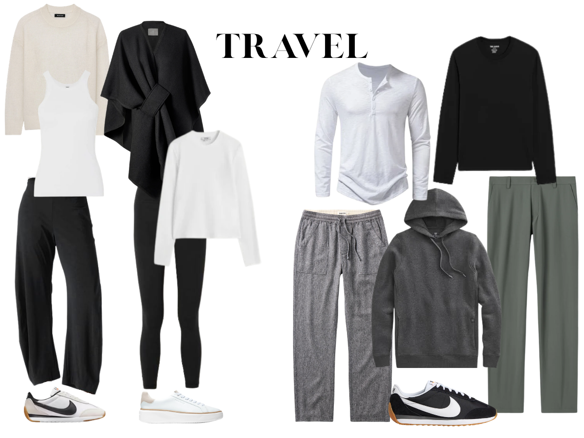 LIGHTWEIGHT PANTS (nylon/spandex blend), YOGA PANTS, TANK & SWEATER, TEE & RUANA, HENLEY/TEE & HOODIE, SNEAKERS