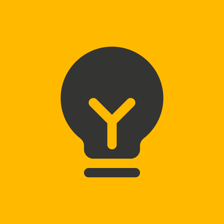 Black lightbulb icon with a yellow Y inside it on a yellow background