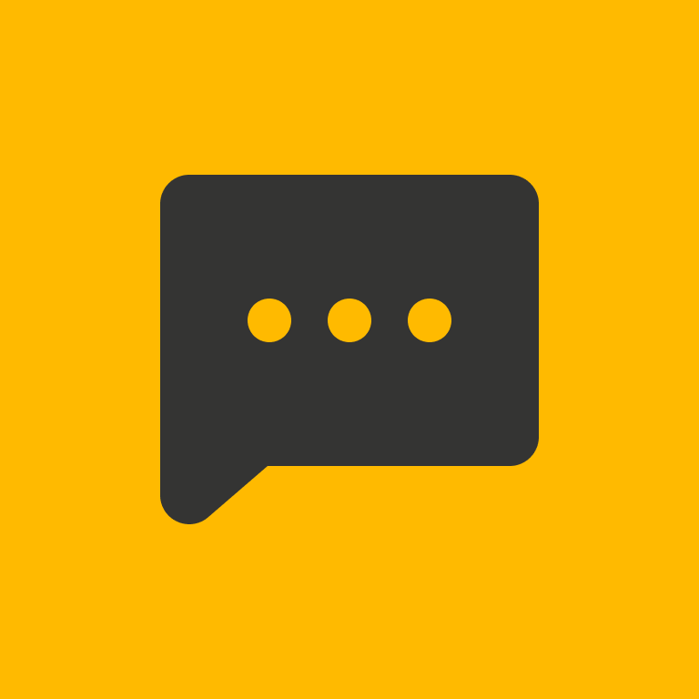 A black speech bubble icon with three dots inside on a yellow background.