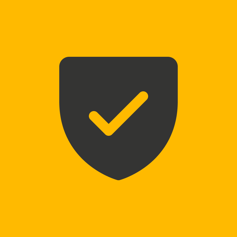 Shield with a checkmark in the center, yellow background, representing security or protection.