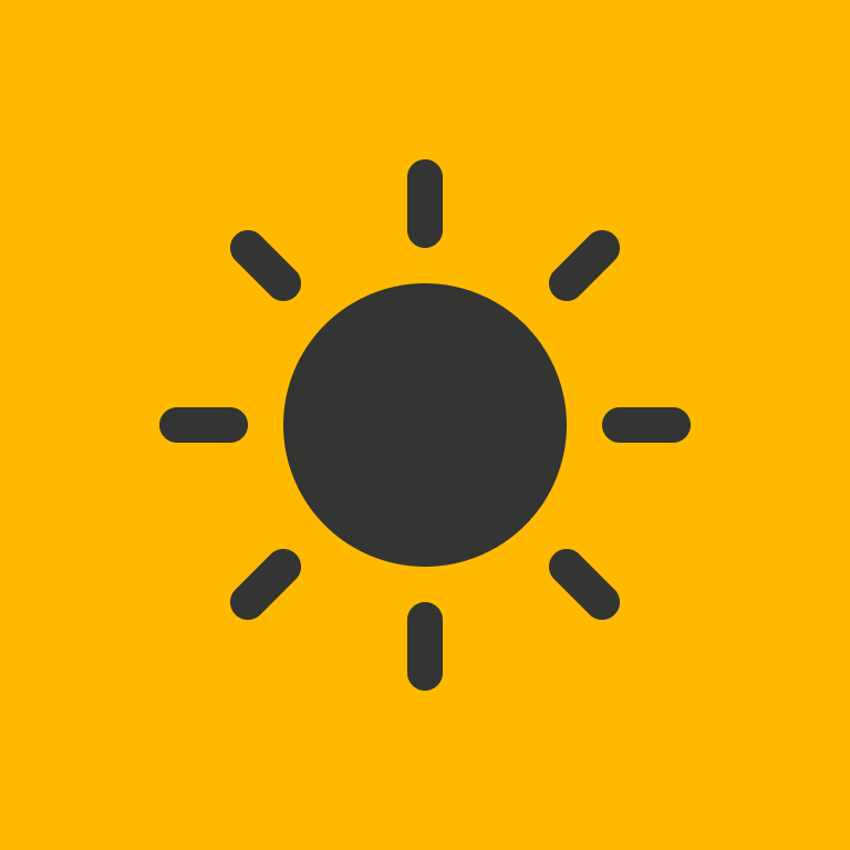 Icon of a sun with a black circle in the center and rays extending outward, on a yellow background.