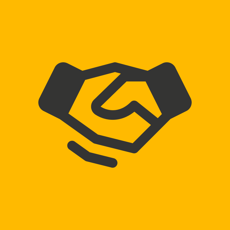 Black outline of a hand making a handshake on a yellow background.