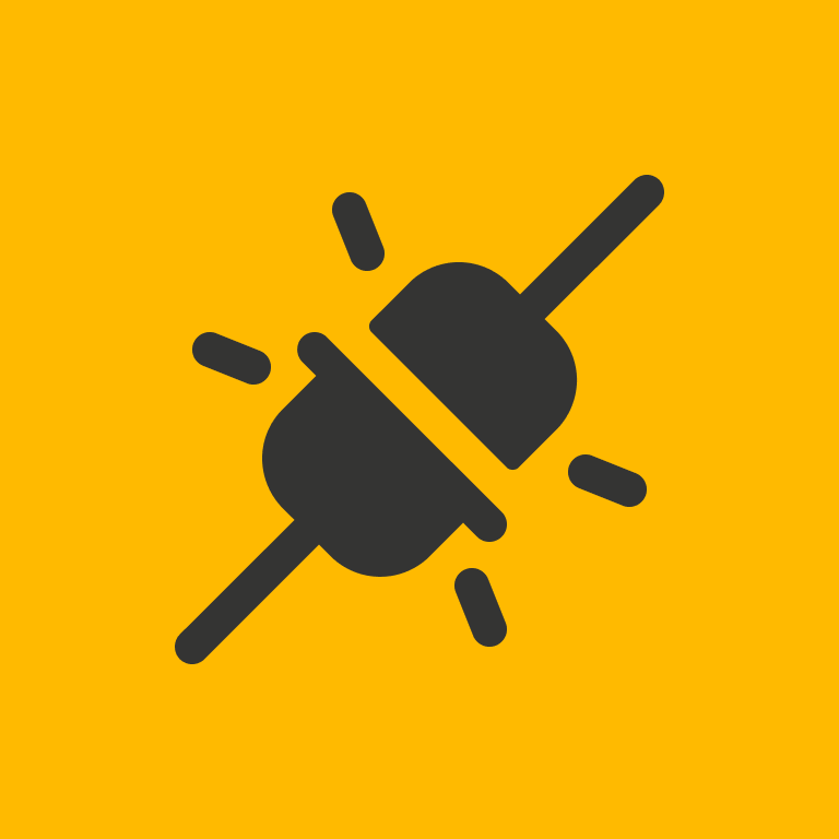 A black electric plug and socket breaking apart with small fragments flying off on a yellow background.