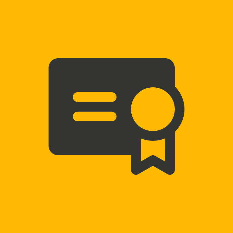 Certificate or award icon with a ribbon on a yellow background.