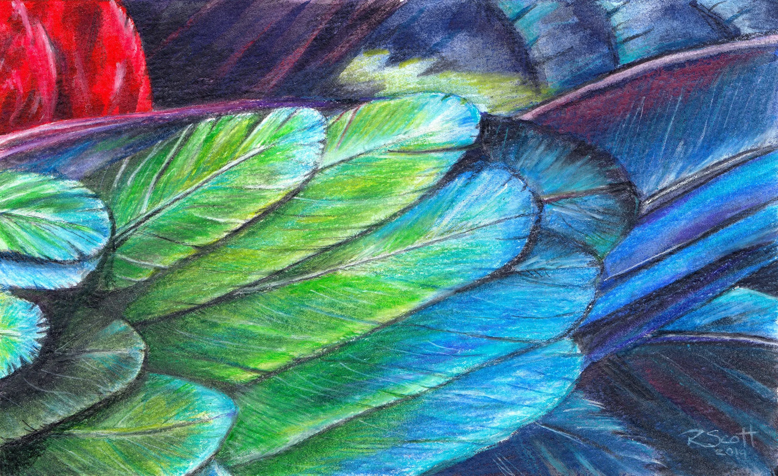 Colorful abstract painting of overlapping leaves in vibrant shades of green, blue, purple, and red.