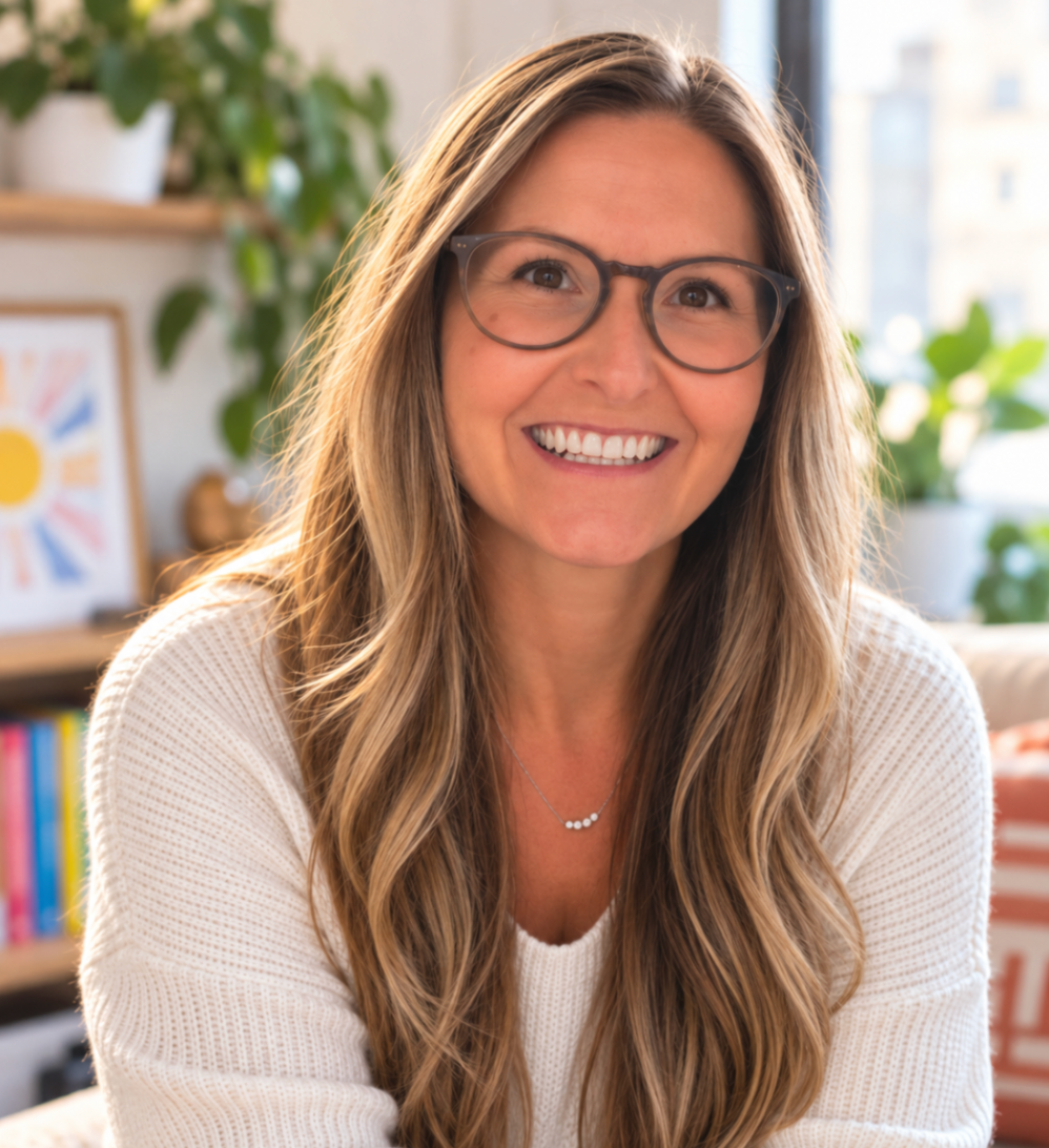 A woman with long wavy hair and glasses smiling in a cozy, well-lit room with plants and colorful artwork in the background.
