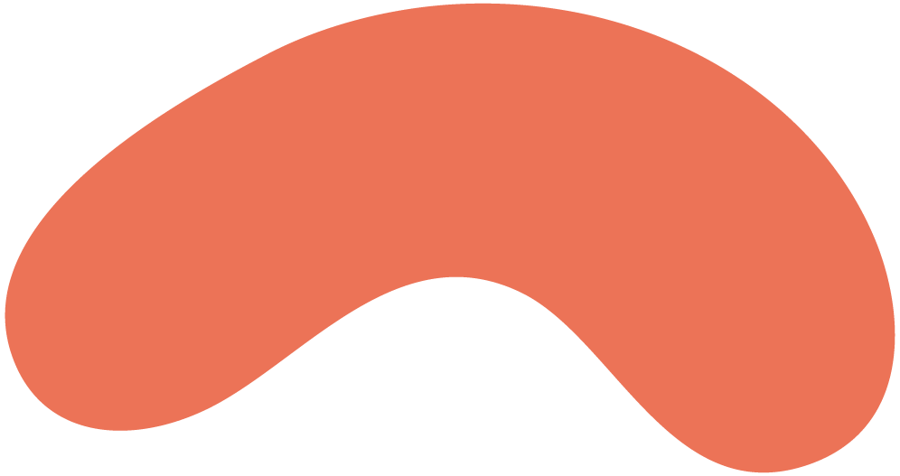 A large, salmon-colored, abstract geometric shape resembling a curved, elongated comma or a stylized letter 'C' with rounded edges.