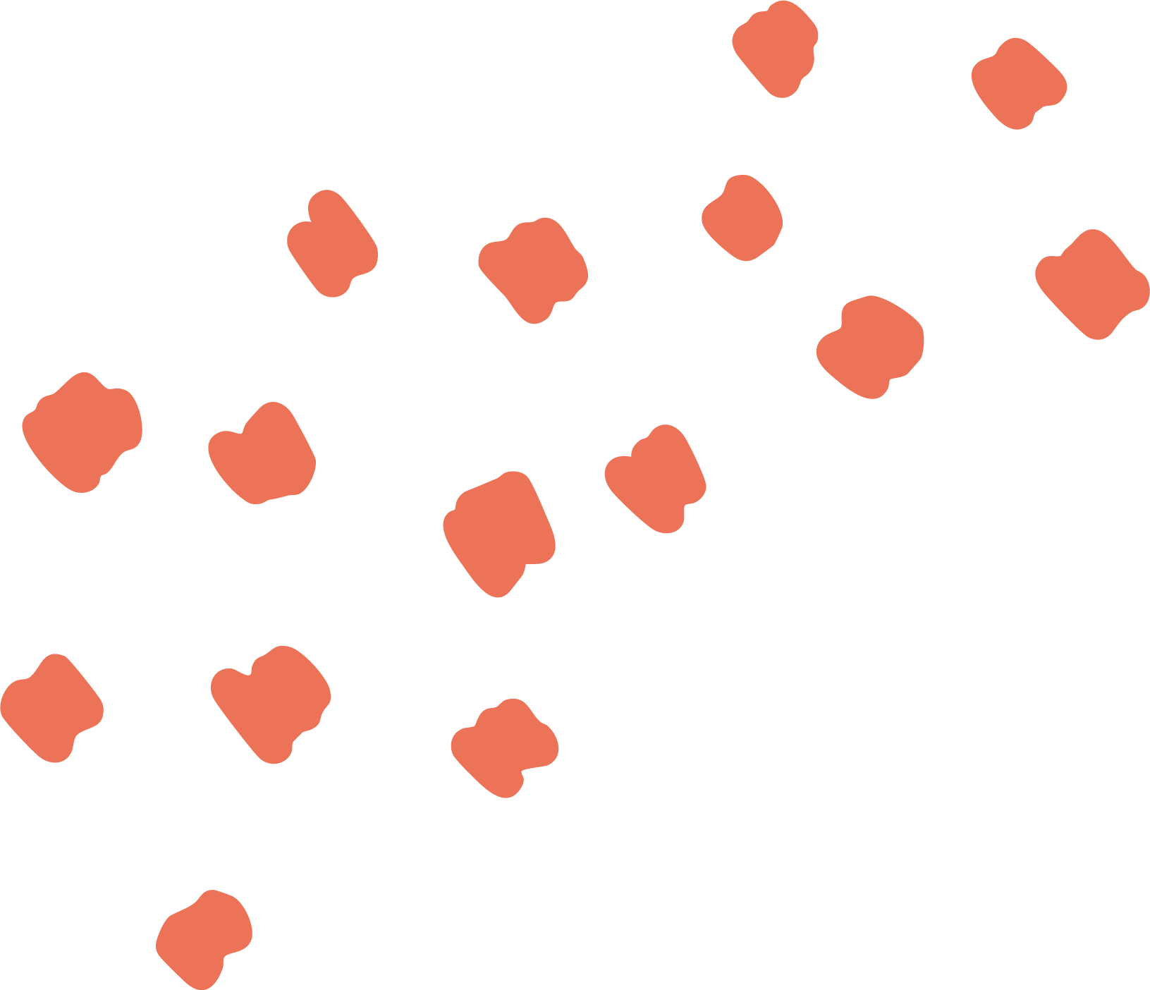 Illustration of pinkish-orange, irregularly shaped objects scattered across a black background.