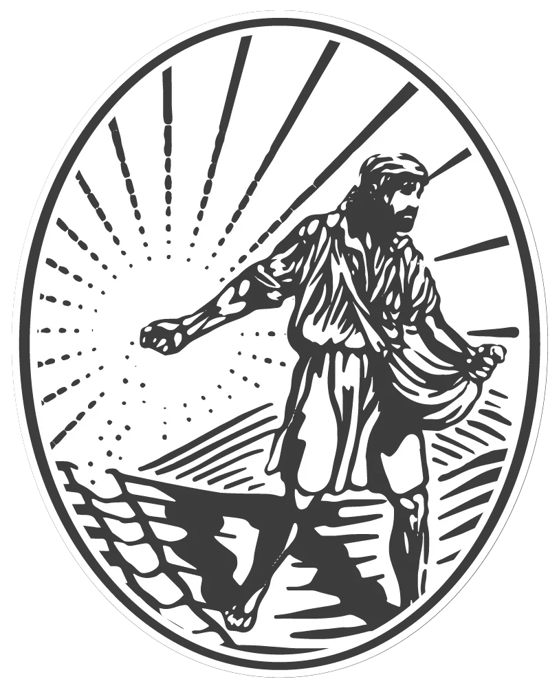 Black and white illustration of a man walking forward with outstretched arm, holding a cloth, in a landscape with lines suggesting the sun and fields.