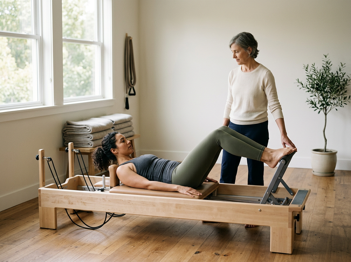 A woman undergoing a physical therapy session on a Pilates reformer in a well-lit room with a therapist assisting her.
