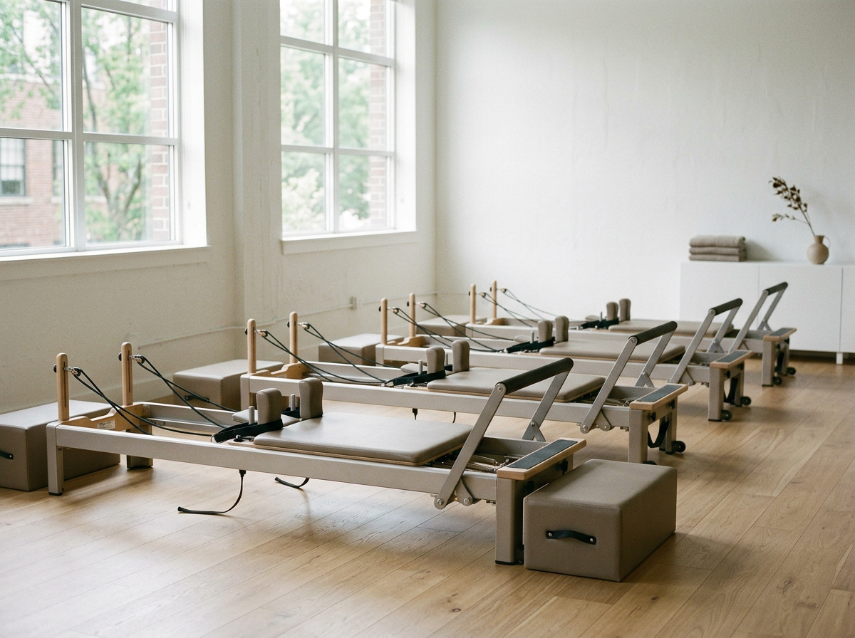 Multiple Pilates reformer machines arranged in a row in a bright, minimalist studio with large windows and a light wooden floor.
